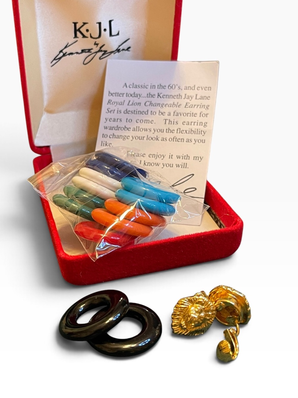1980โs KJL Royal Lion Changeable Clip On Earring Set Original Box & Paperwork
